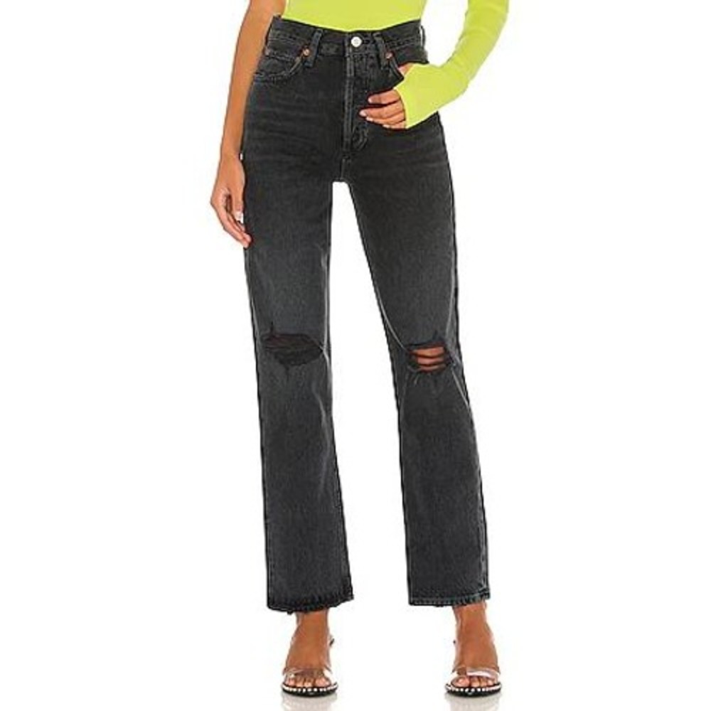 AGOLDE 90s Pinch Waist High Rise Straight Leg Jeans Black Distressed Size 29